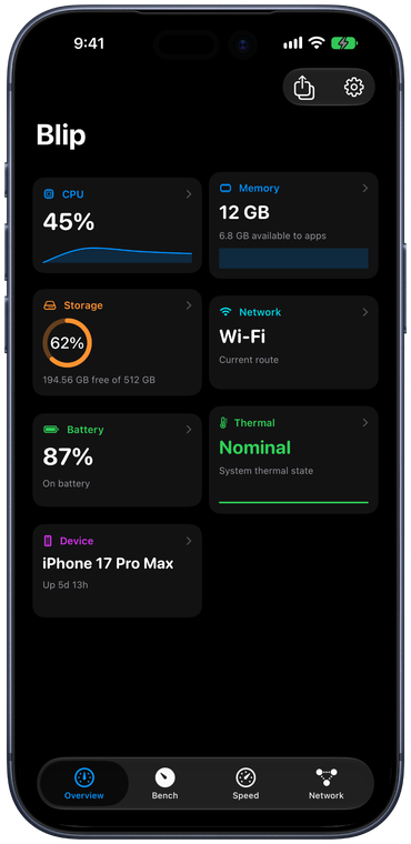 Blip for iPhone — live device stats