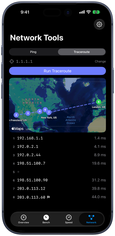 Blip for iPhone — traceroute with hop map